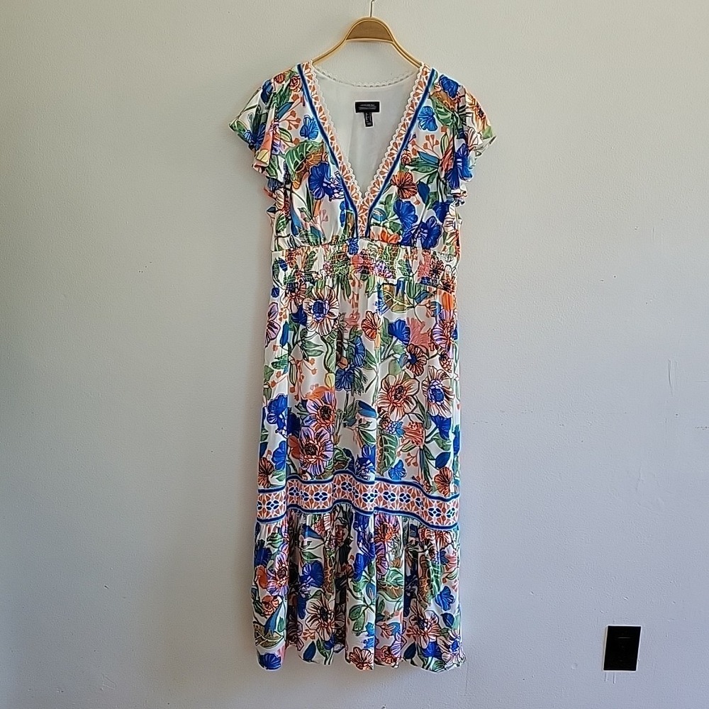 Adrianna Papell Floral Flutter Sleeve Midi Dress Smocked Waist‎ V Neck Preppy